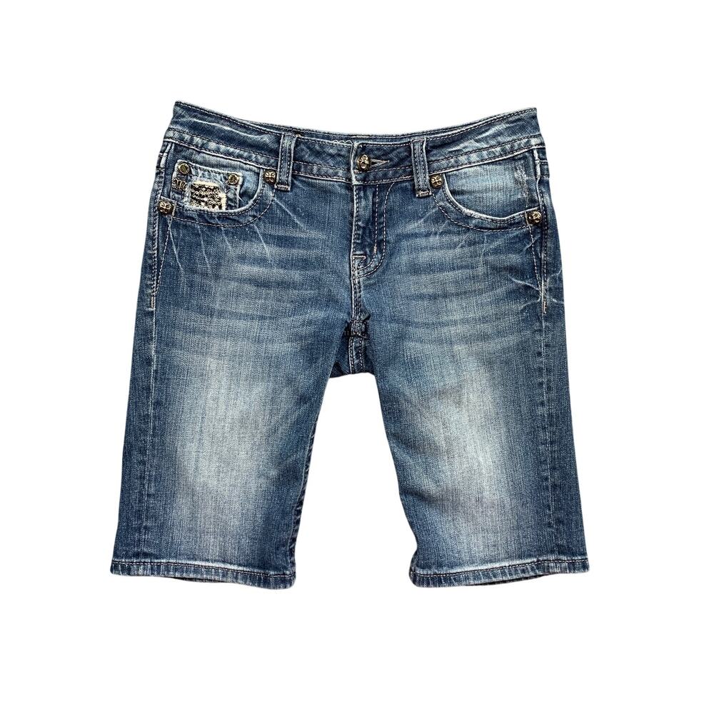Miss Me Shorts Womens 28 Denim Bermuda Whiskered Sequins Low Rise Flap Pocket